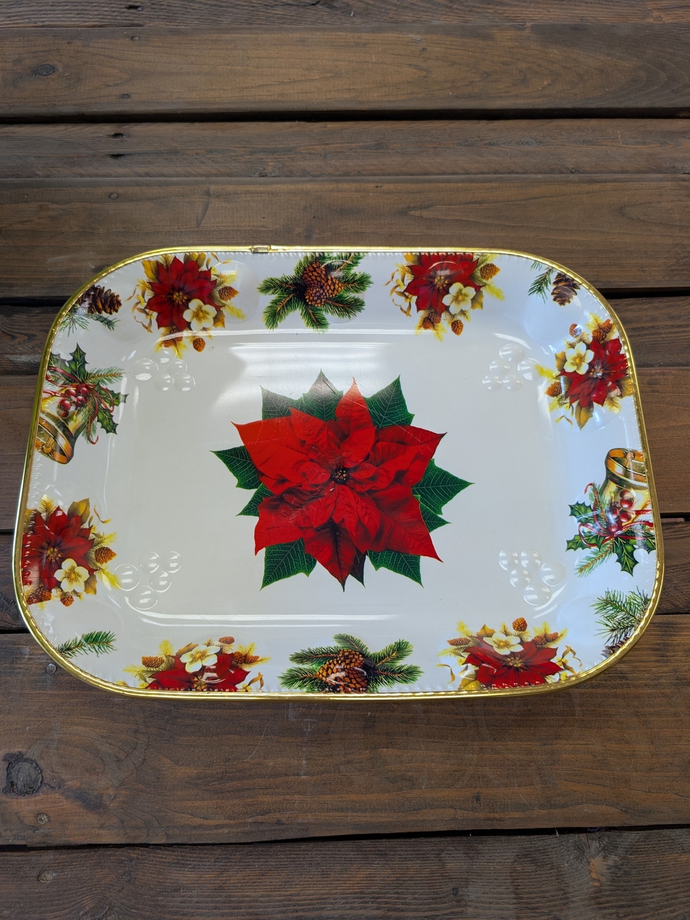 Vintage Christmas Poinsettia Serving Tray Platter Gold Rim Thick Plastic 16"